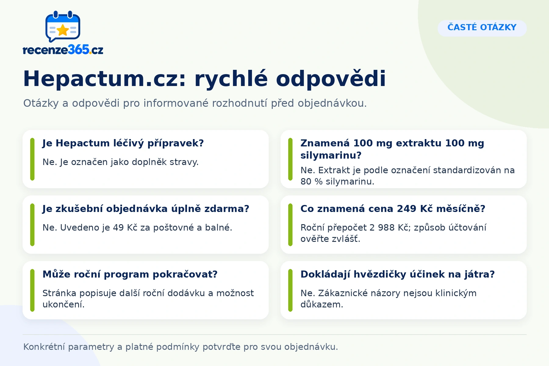 Časté otázky k recenzi Hepactum.cz: Je Hepactum léčivý přípravek, Znamená 100 mg extraktu 100 mg silymarinu, Je zkušební objednávka úplně zdarma, Co znamená cena 249 Kč měsíčně, Může roční program pokračovat, Dokládají hvězdičky účinek na játra.