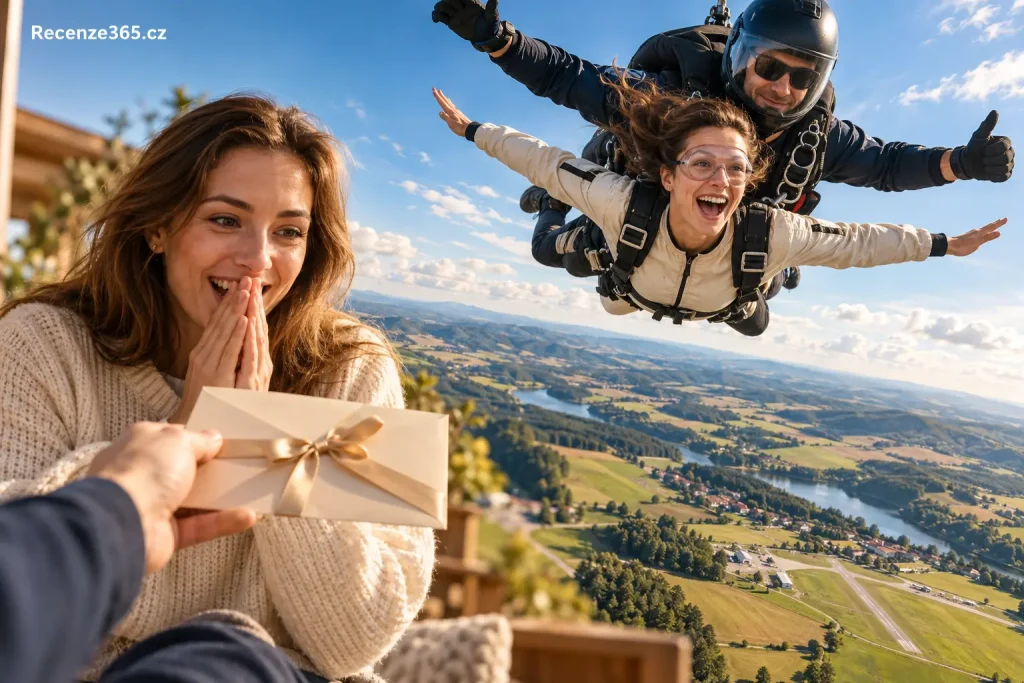 Tandemový seskok jako dárek – pro koho je vhodný seskok padákem, adrenalinový dárek, tandemový seskok Adrop, recenze 4,9 z 5, více než 2300 zkušeností zákazníků, dárek k narozeninám, volný pád 200 km/h, seskok z 3000 až 4000 metrů, tandemový pilot a dárkový poukaz na seskok.
