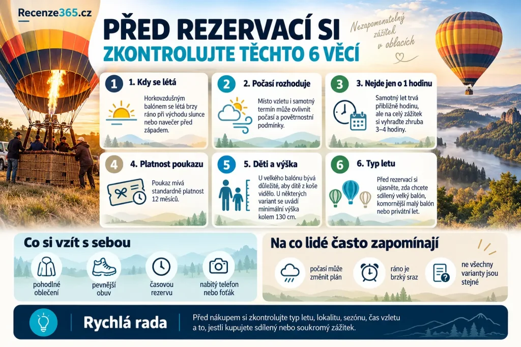 Co vědět před rezervací letu balónem, rezervace letu balónem, let balónem počasí, kdy se létá balónem, ráno nebo večer, poukaz na let balónem platnost, sezóna letu balónem, co si vzít na let balónem, minimální věk dítěte, let balónem jako dárek, zkušenosti s rezervací letu balónem.