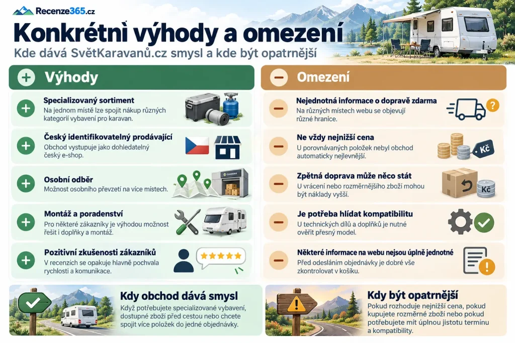 Výhody a nevýhody SvětKaravanů.cz, Svět karavanů recenze, výhody specializovaného e-shopu pro karavany, nevýhody dopravy a cen, recenze zákazníků Svět karavanů, osobní odběr, montáž doplňků, omezení e-shopu, karavanové příslušenství, zkušenosti se SvětKaravanů.cz.